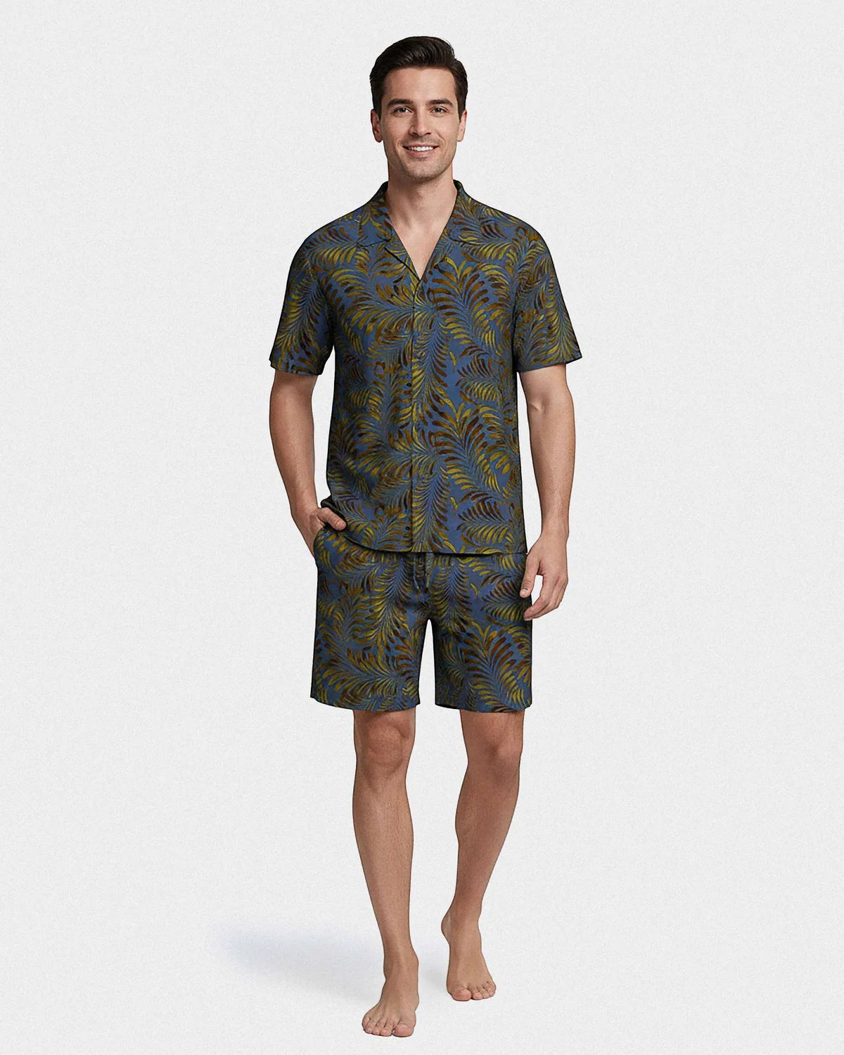 Men's tropical print TENCEL Lyocell lounge set in blue and green — breathable summer game day outfit, Maison Sarava Toronto