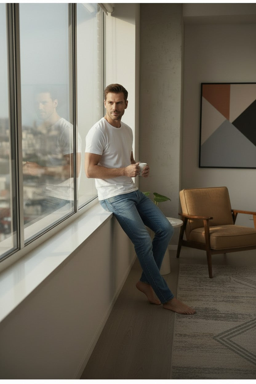 men wearing a white crew neck cotton t-shirt wearing light wash jeans and holding a coffee in an apartment