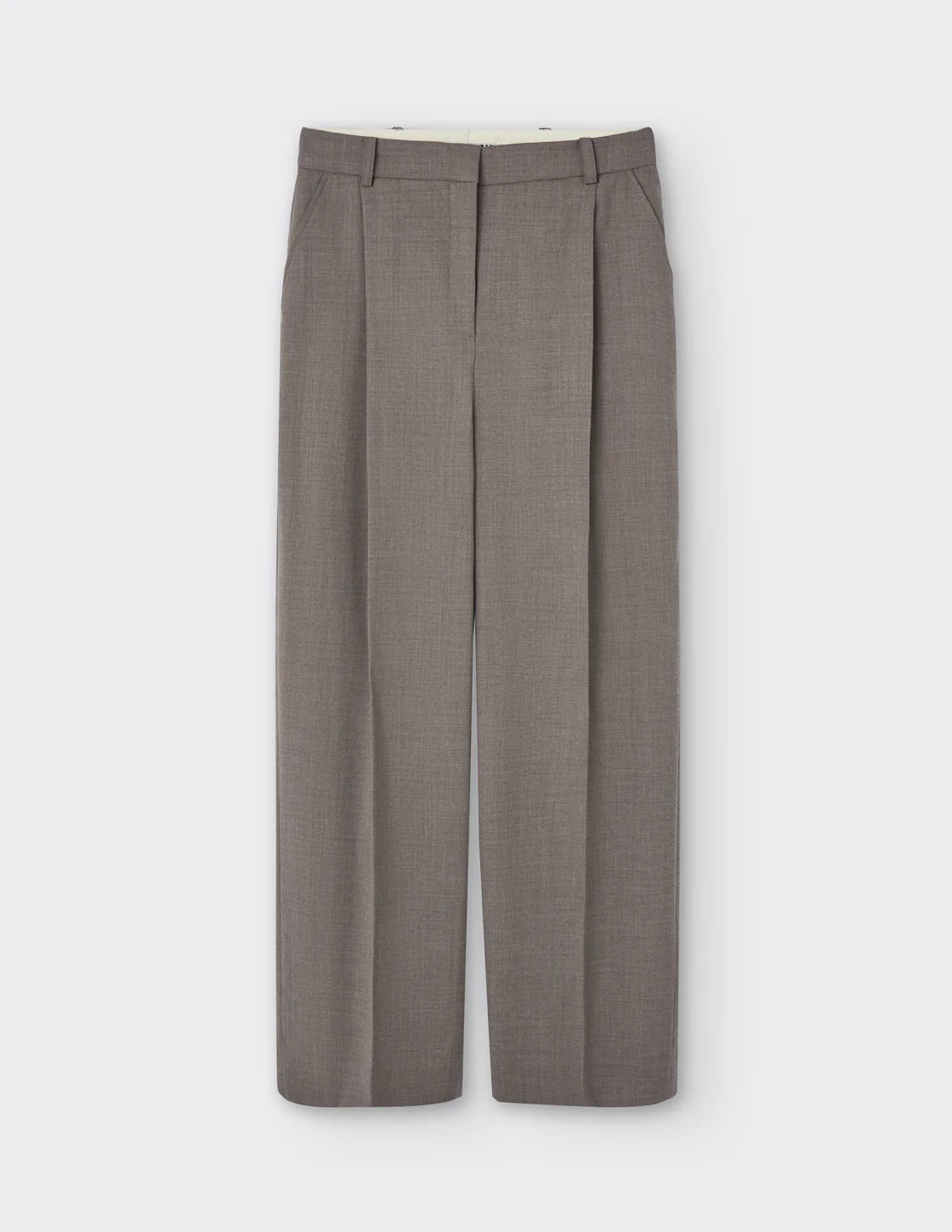 Maison Sarava taupe wide-leg pleated trousers, front view.