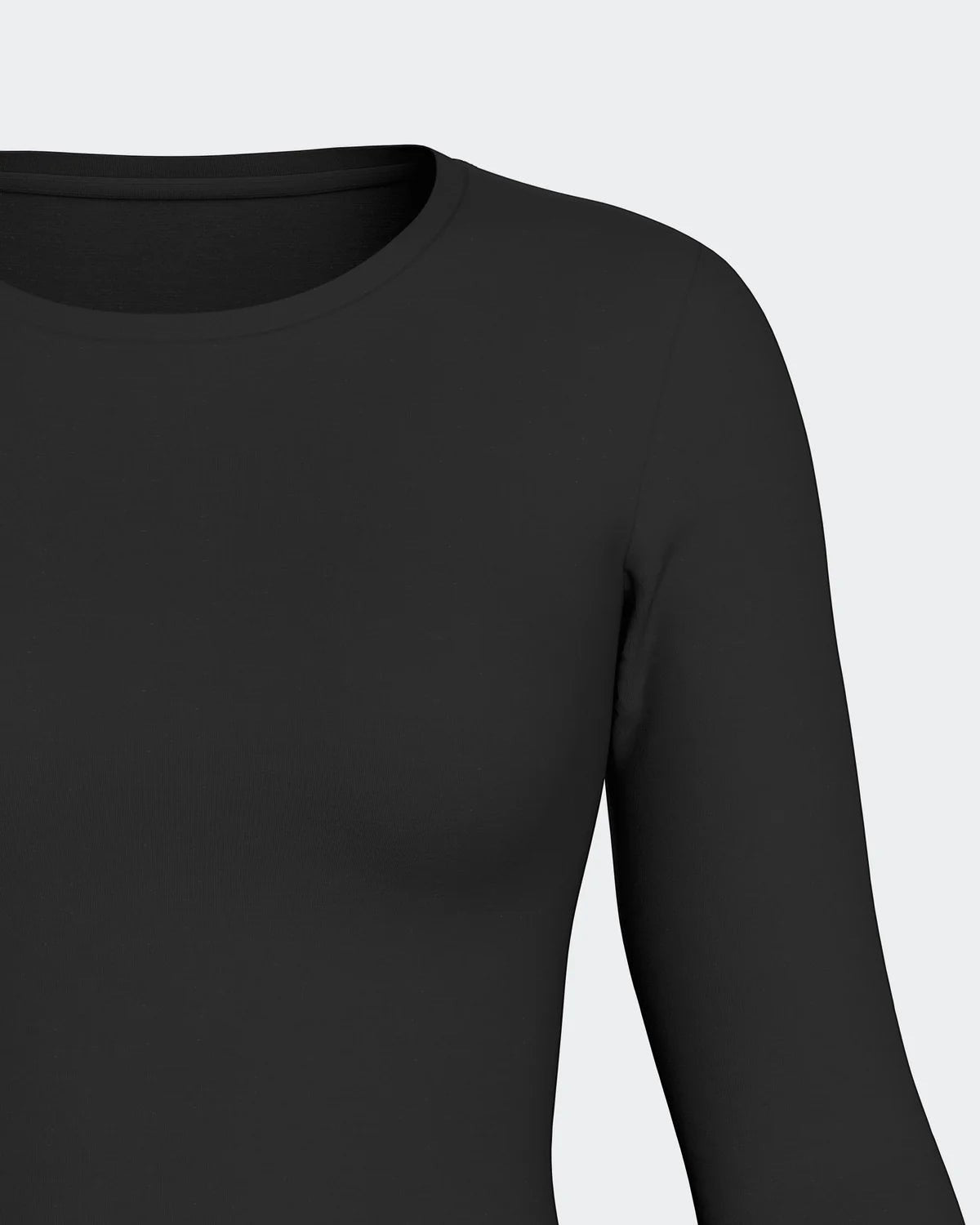 Maison Sarava women's black long-sleeve crew neck top in Lyocell and Merino wool, side view.