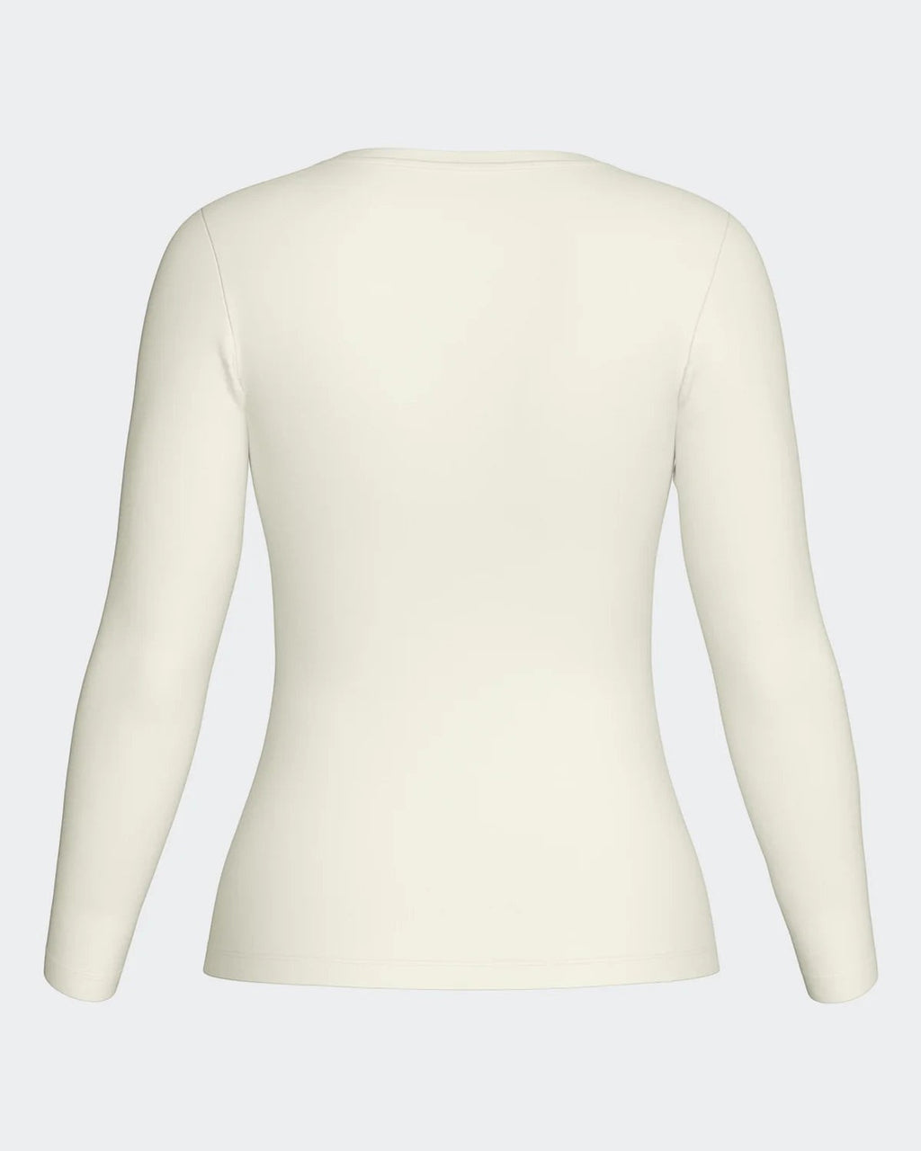 Maison Sarava women's cream long-sleeve crew neck top in Lyocell and Merino wool, back view.