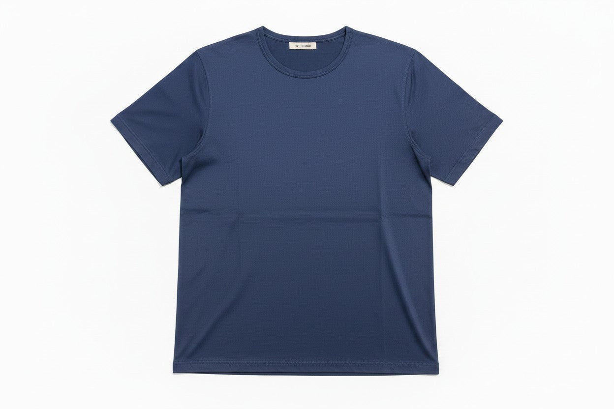 Maison Sarava inky blue mercerized cotton t-shirt for men with round neckline and relaxed fit in a flay lay