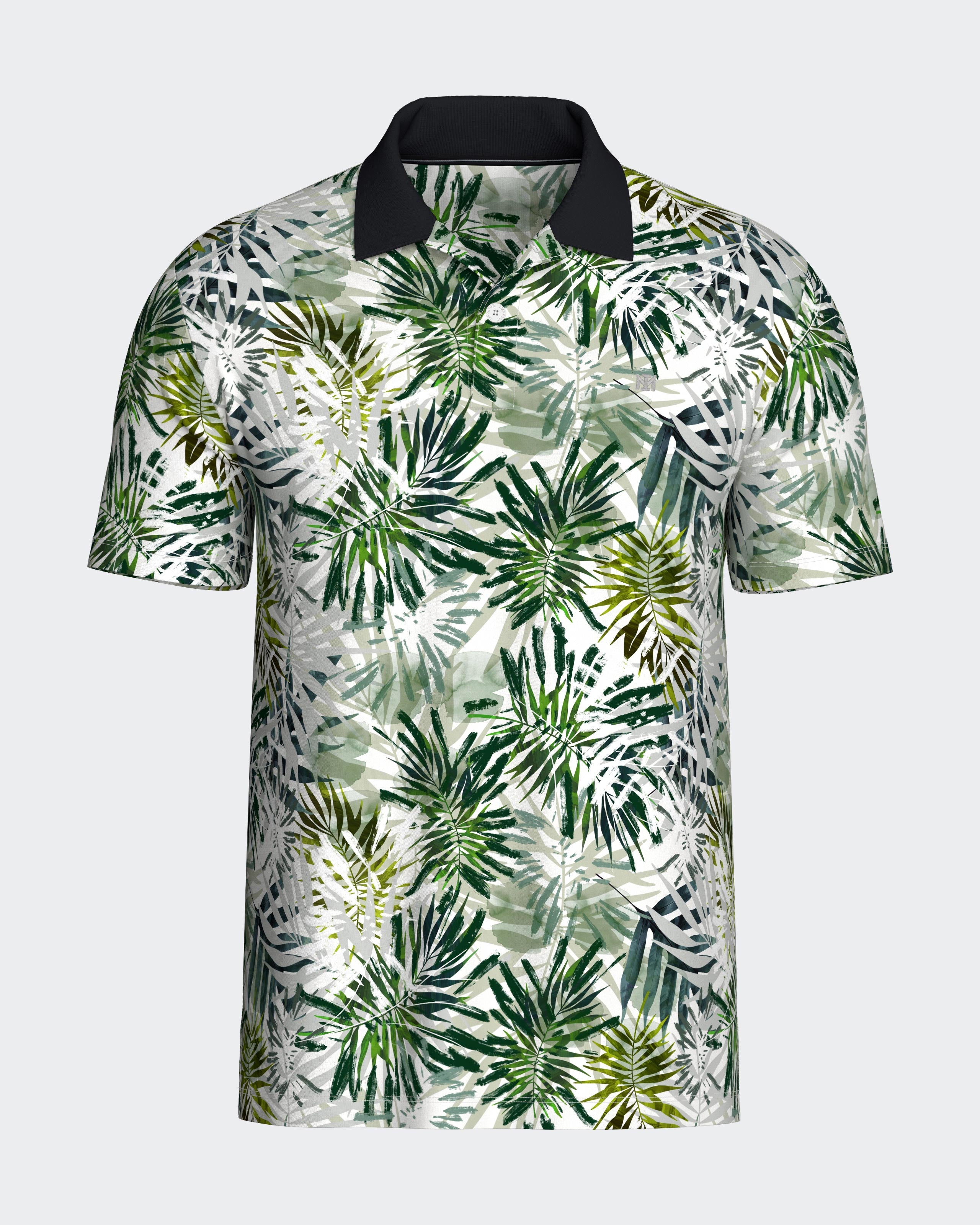 Maison Sarava men's moss green short sleeve cotton polo shirt with ribbed collar and two-button placket.