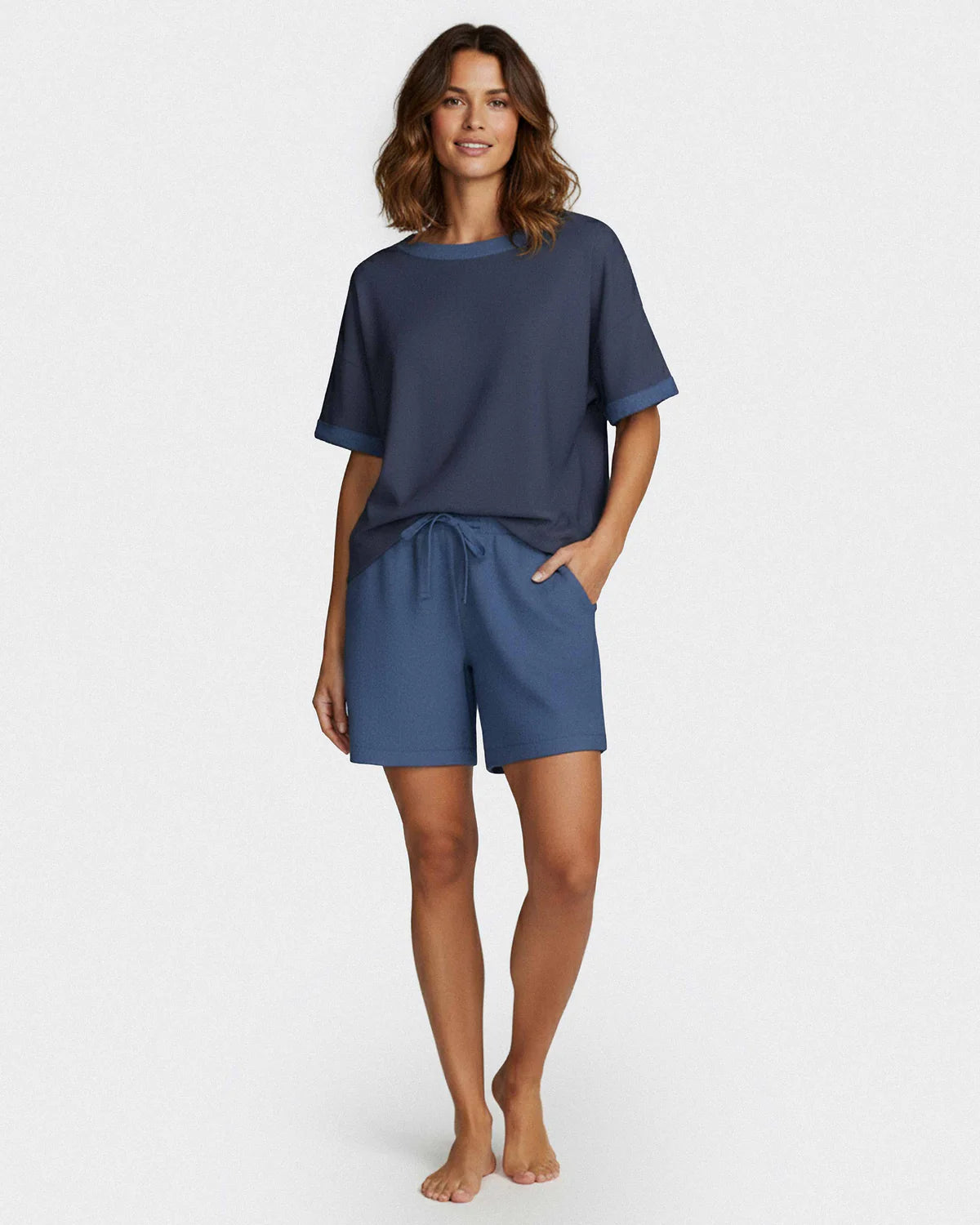 Maison Sarava women's navy short-sleeve loungewear set with shorts in soft modal.