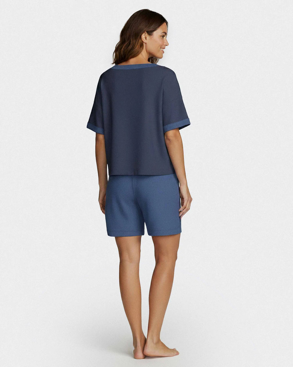 Maison Sarava women's navy short-sleeve loungewear set with shorts in soft modal, back view.