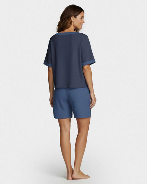 Maison Sarava women's navy short-sleeve loungewear set with shorts in soft modal, back view.