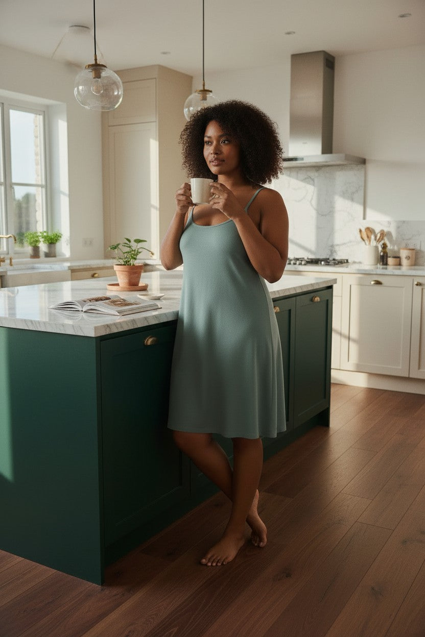 Woman in a kitchen holding a mug, wearing a nightdress in green