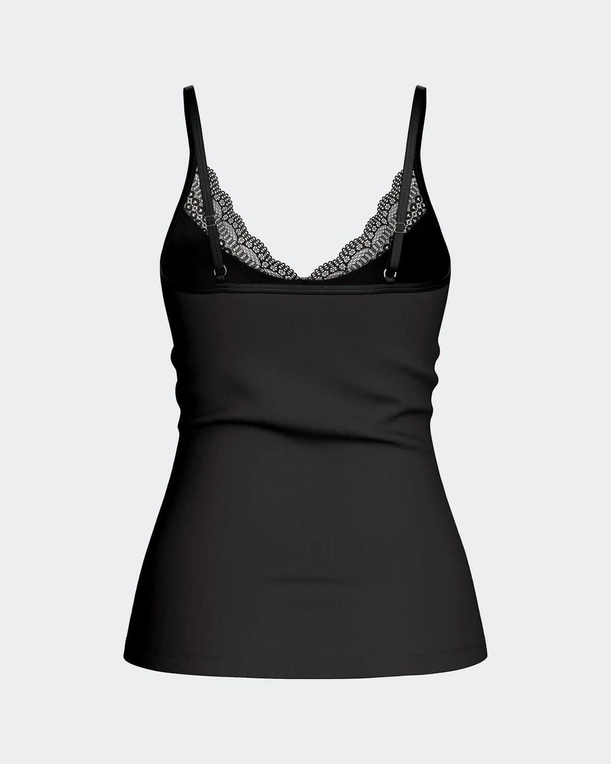 Maison Sarava black camisole with lace trim at neckline, adjustable straps, and red bow detail. Made from TENCEL™ Lyocell.