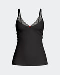 Maison Sarava black camisole with lace trim, adjustable straps, and a red bow detail. Made from TENCEL™ Lyocell.