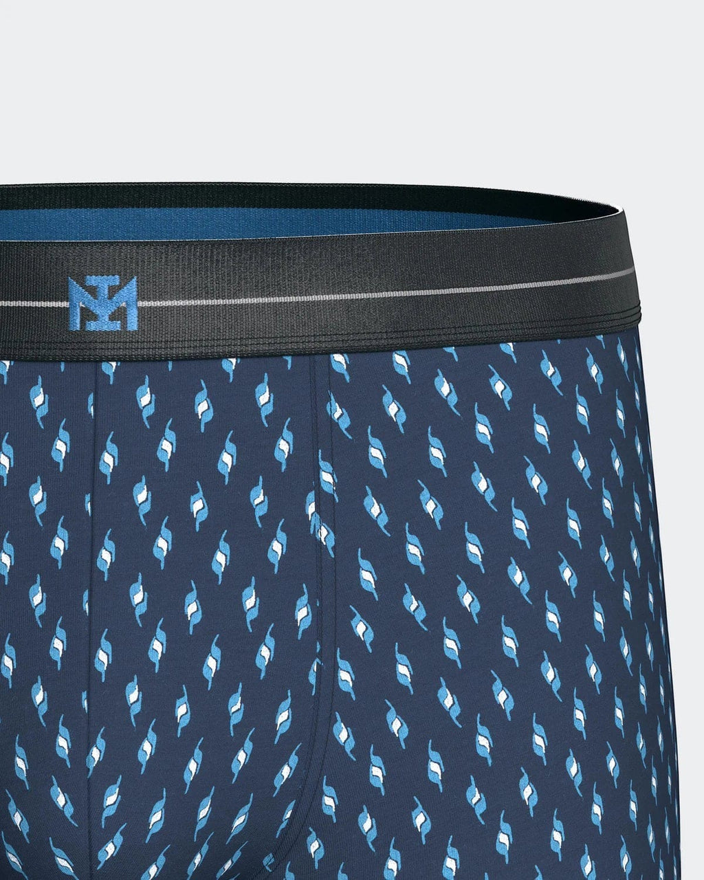 Maison Sarava men's navy boxer briefs with a geometric print in blue and white, featuring an elasticated waistband with embroidered logo.