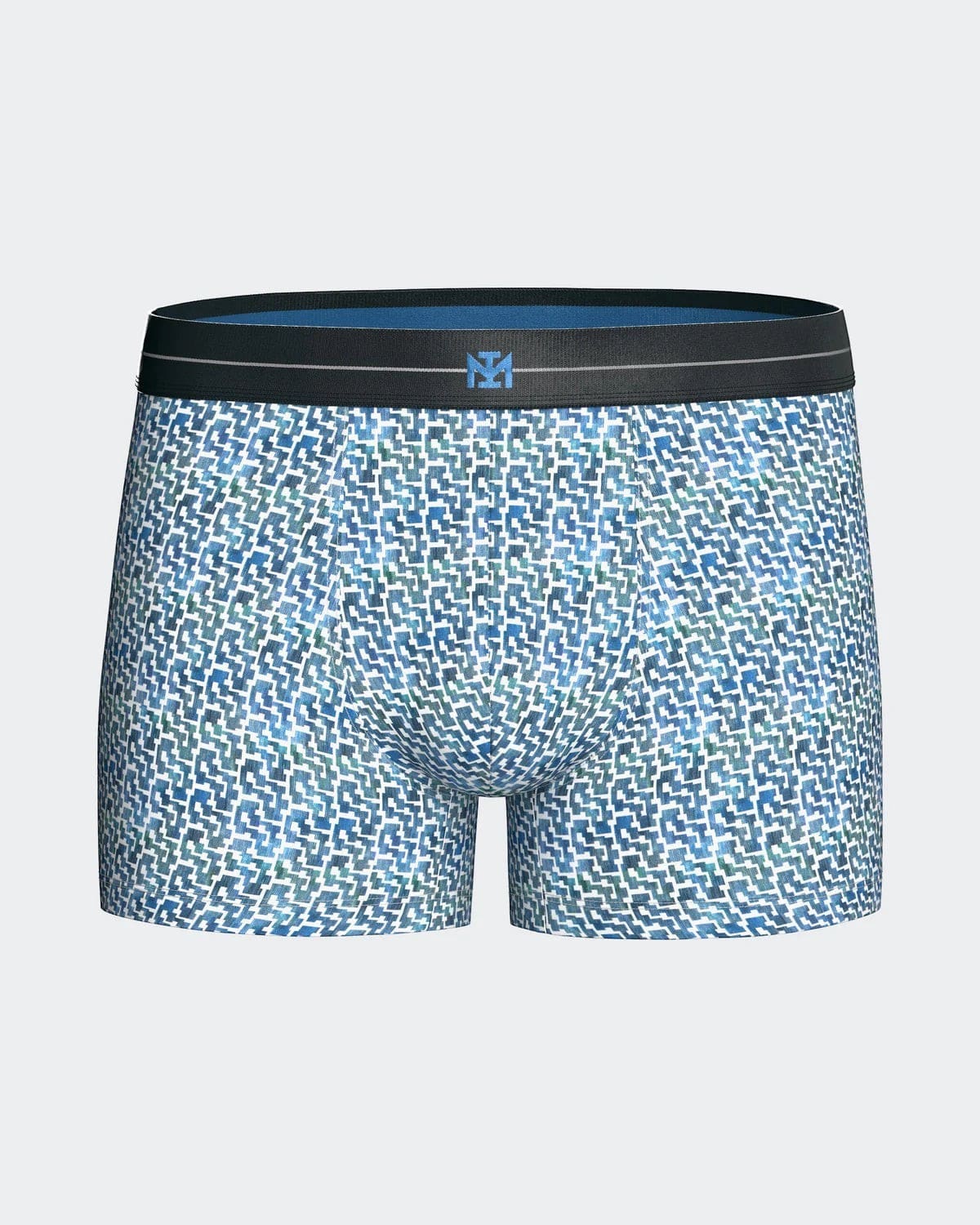 Maison Sarava men's blue geometric print cotton boxer briefs with elasticated waistband.
