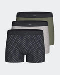 Maison Sarava pack of 3 men's cotton elastane boxers: one patterned navy, one grey marl, one olive green. Soft waistband.