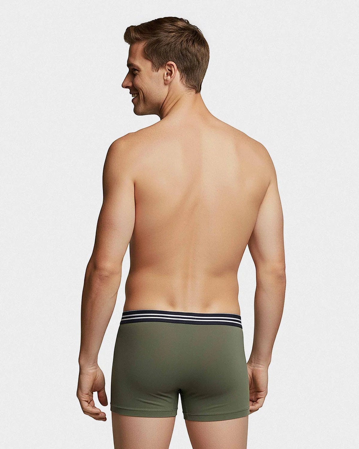 Maison Sarava men's olive green cotton boxer briefs with a navy and white striped waistband.