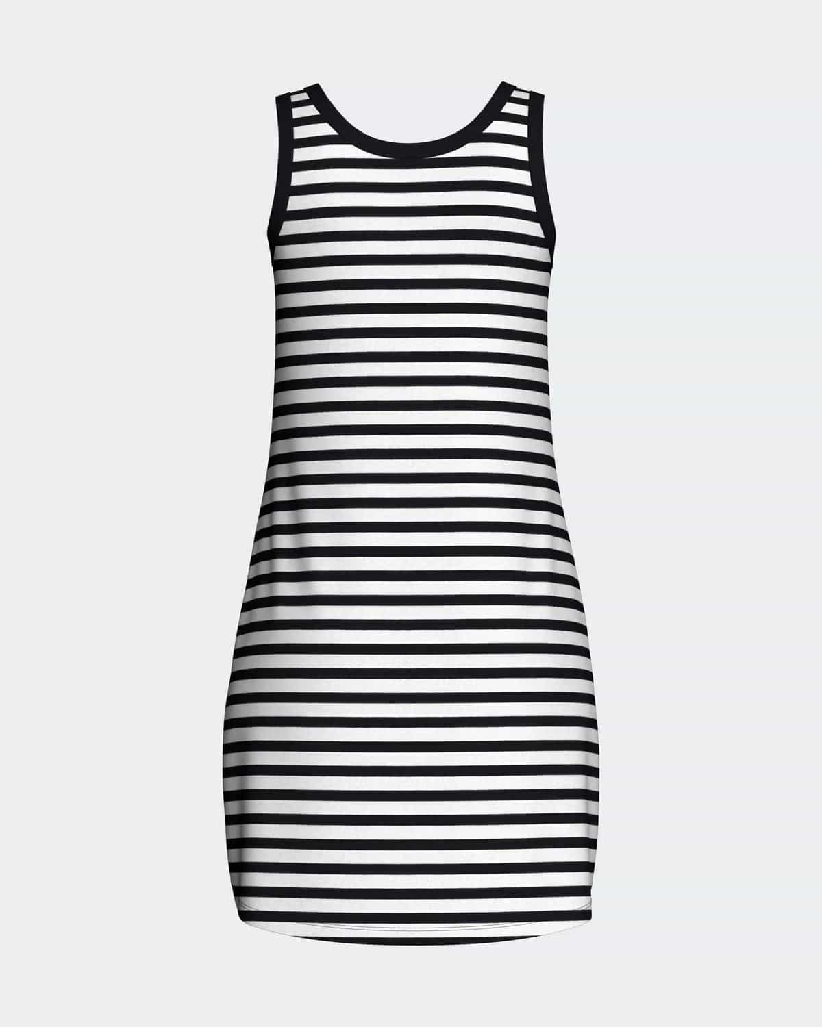 Maison Sarava women's black and white striped sleeveless tank dress, relaxed fit, crew neck.