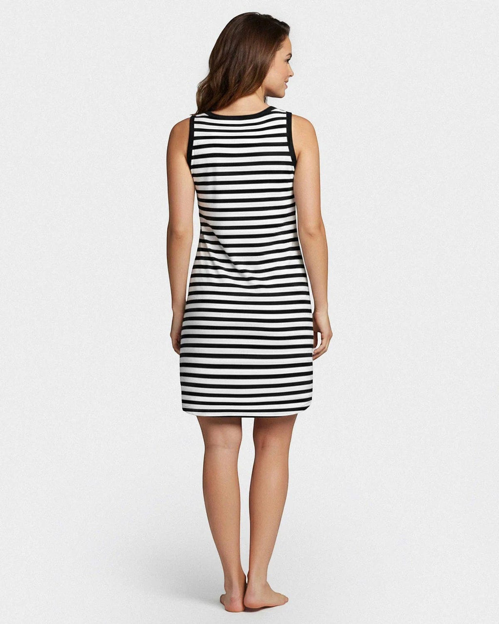Maison Sarava women's black and white striped sleeveless tank dress, relaxed fit, knee-length.