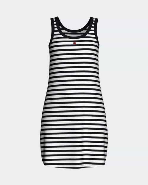 Maison Sarava women's black and white striped sleeveless tank dress, relaxed fit, crew neck.