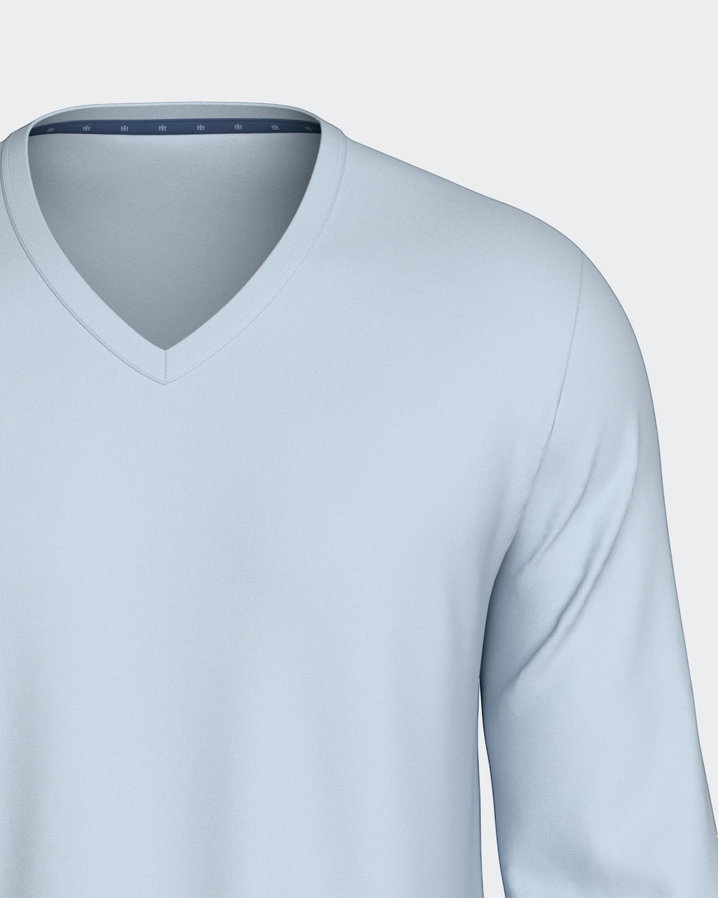Maison Sarava light blue V-neck long sleeve top with subtle chest embroidery, part of a cotton and TENCEL Modal lounge set.