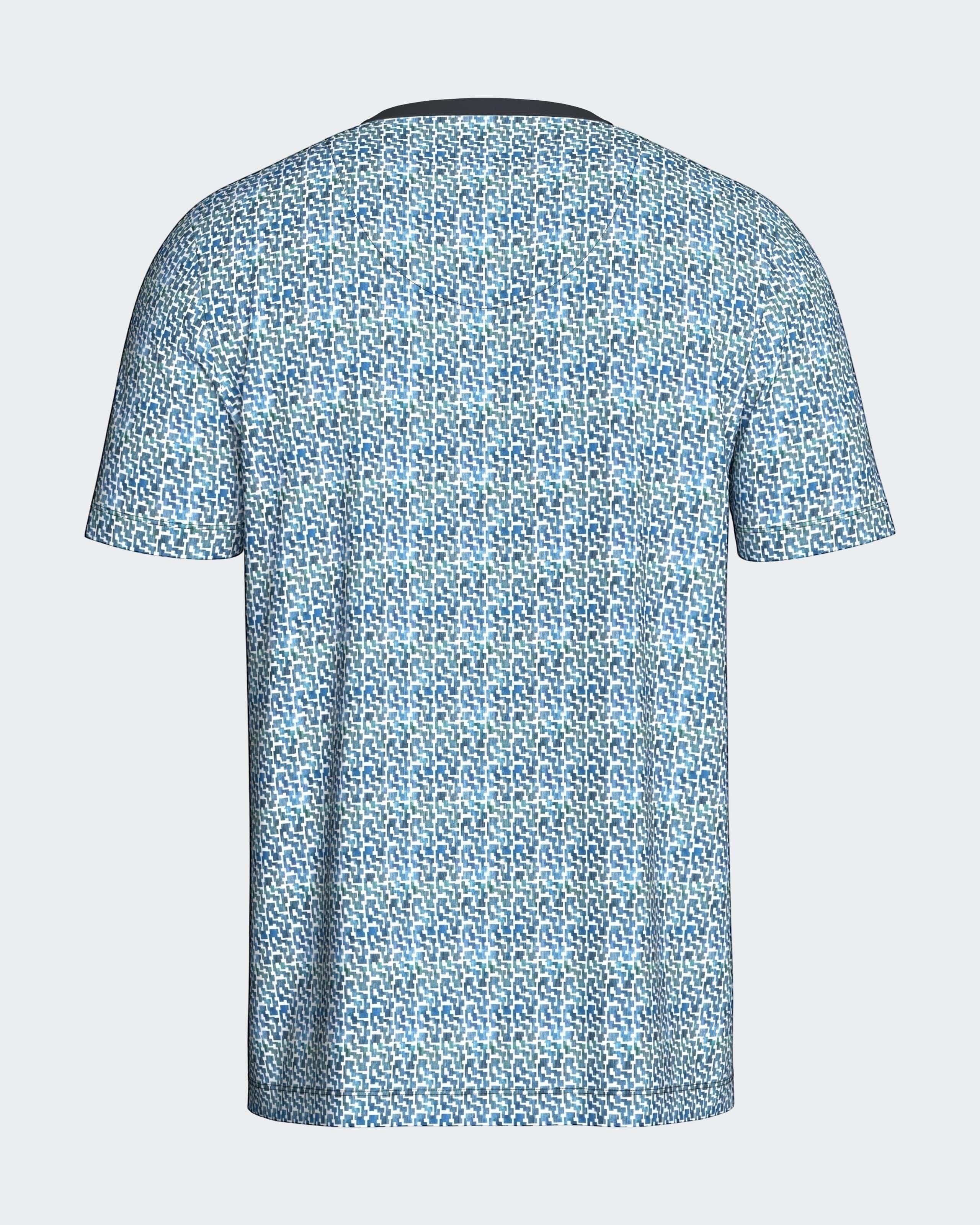 Maison Sarava men's blue and green geometric print 100% cotton V-neck t-shirt.