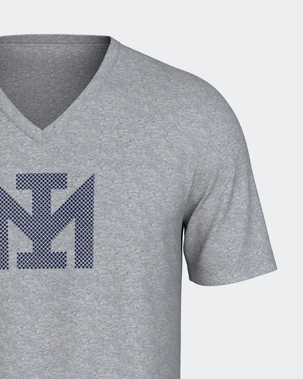 Maison Sarava men's grey V-neck 100% cotton t-shirt with navy dotted logo print.