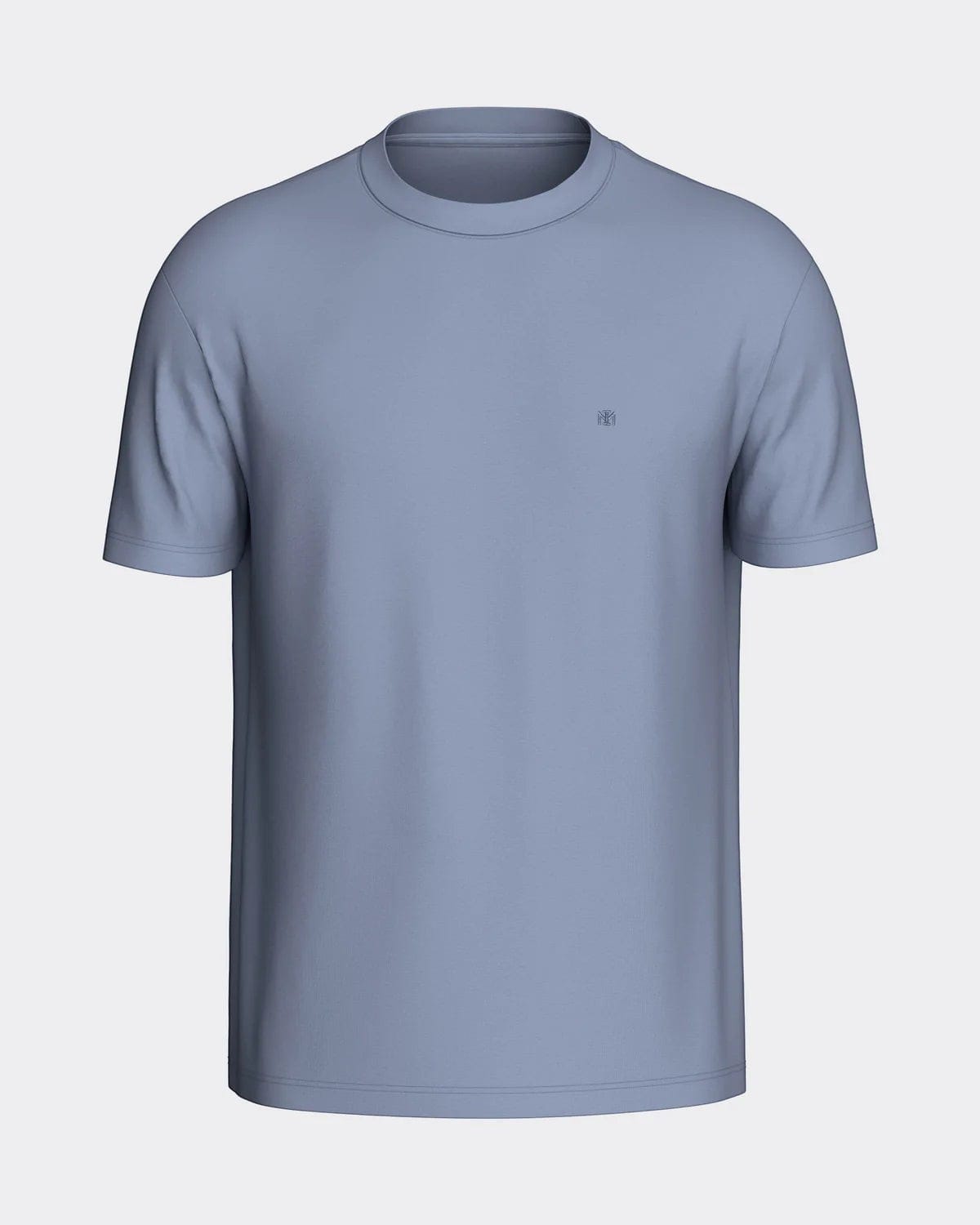 Maison Sarava men's light blue cotton t-shirt with round neck and subtle chest embroidery. Made in Portugal.