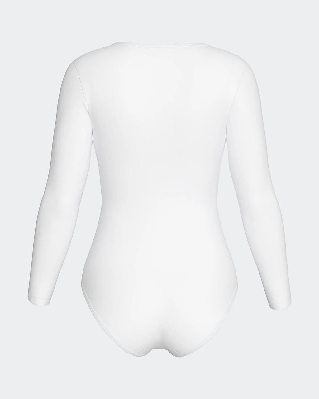Maison Sarava white long sleeve V-neck bodysuit made from soft, breathable fabric for a smooth, second-skin feel.