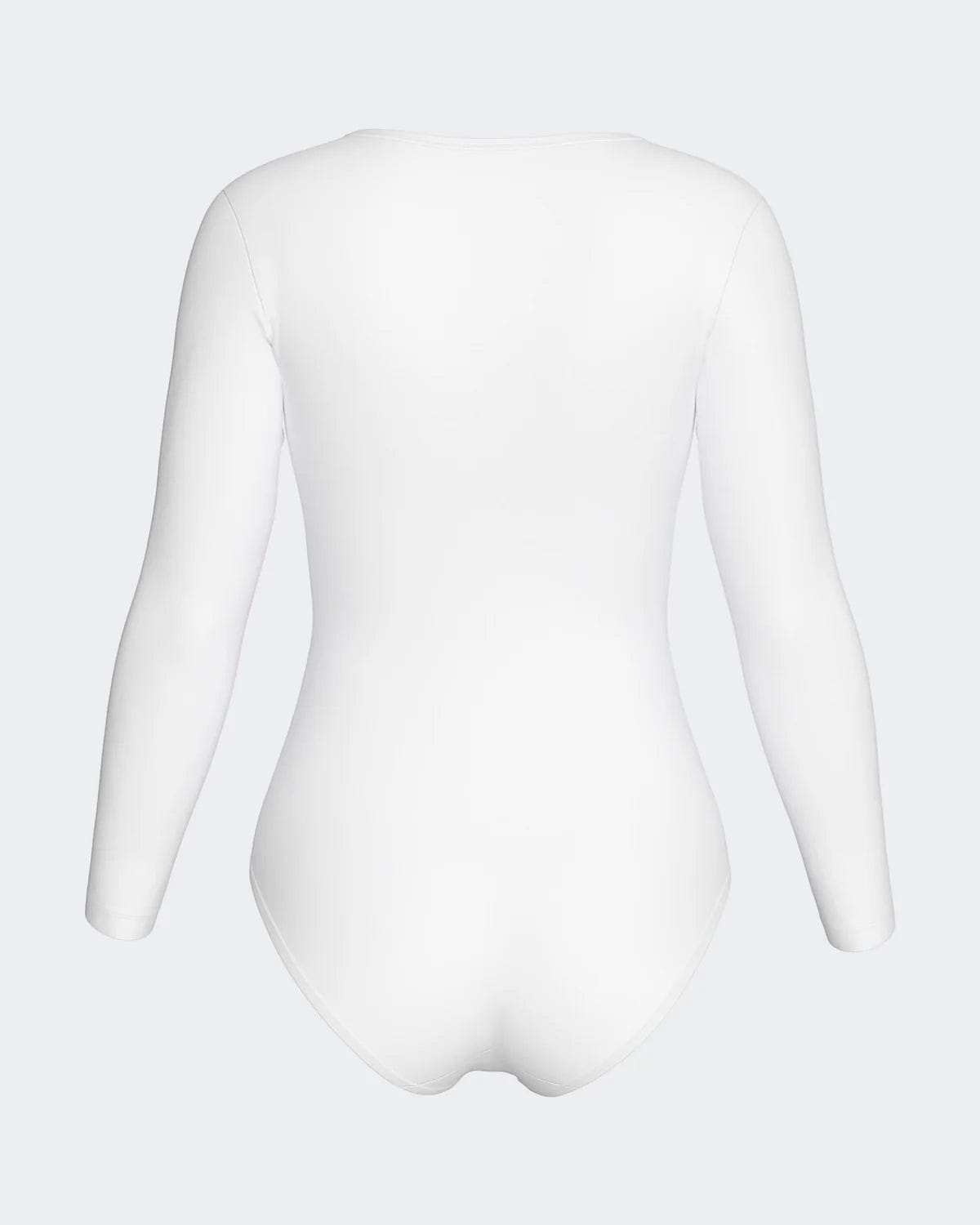 Maison Sarava white long sleeve V-neck bodysuit made from soft, breathable fabric for a smooth, second-skin feel.