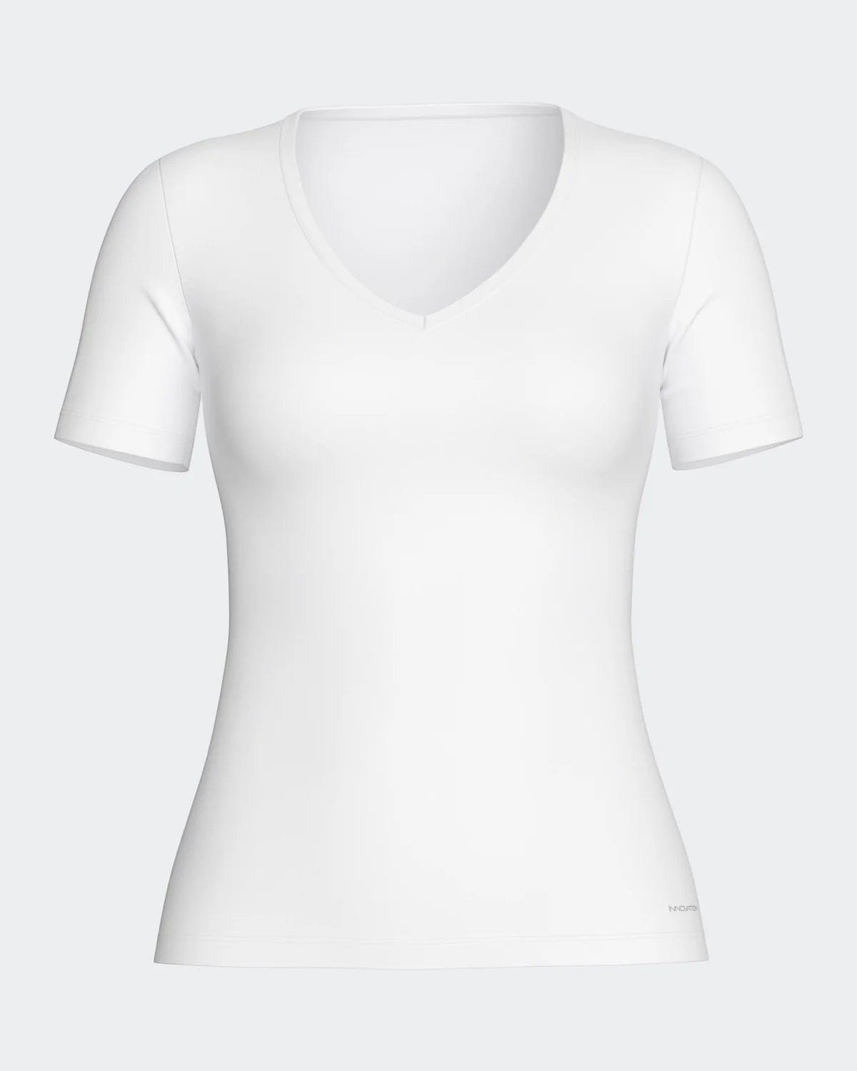 Maison Sarava white V-neck t-shirt made from cotton and viscose with Outlast® Adaptive Comfort® technology for temperature regulation.