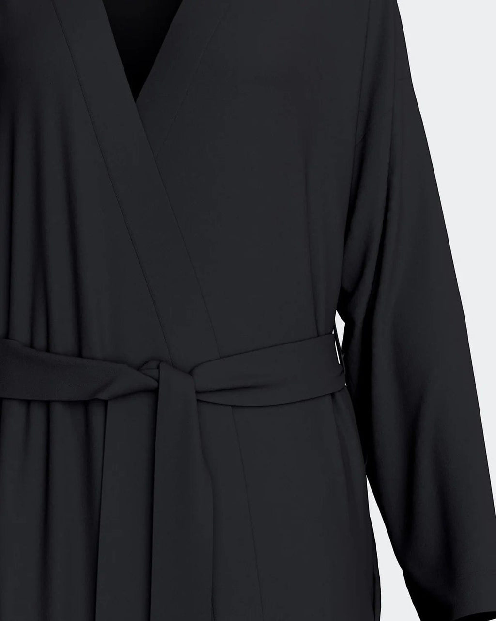 Maison Sarava black TENCEL™ Lyocell kimono robe with adjustable belt and V-neck.
