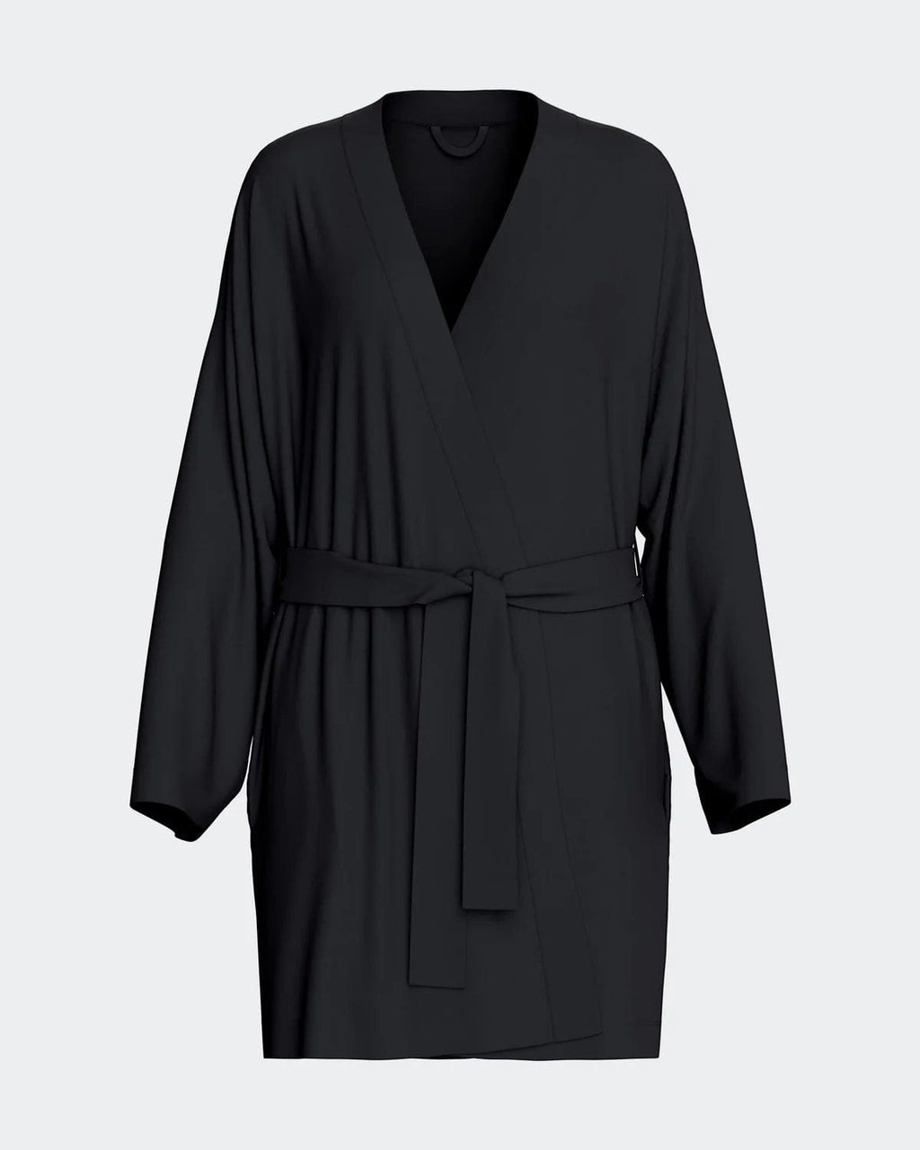 Maison Sarava black TENCEL™ Lyocell kimono robe with adjustable belt and wide sleeves.