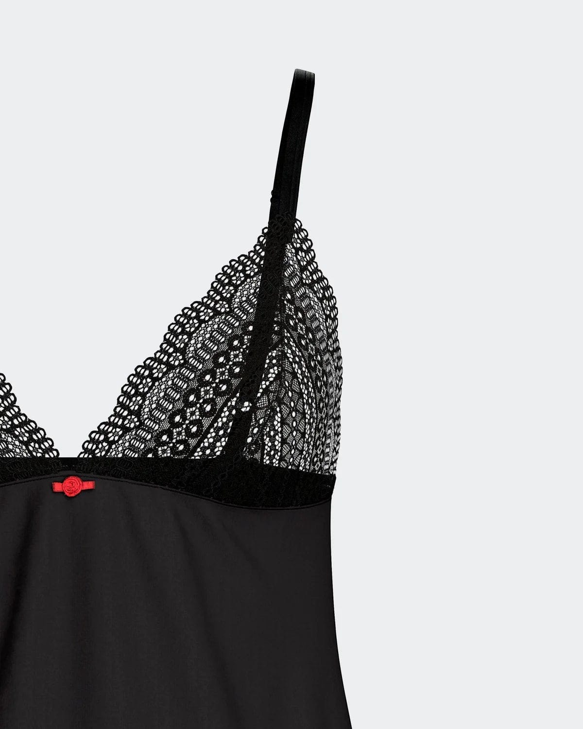 Maison Sarava black Lyocell nightdress with lace trim on bust and red bow detail.