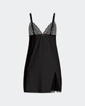 Maison Sarava black Lyocell babydoll nightdress with lace trim on bust and hem, and a red bow detail.