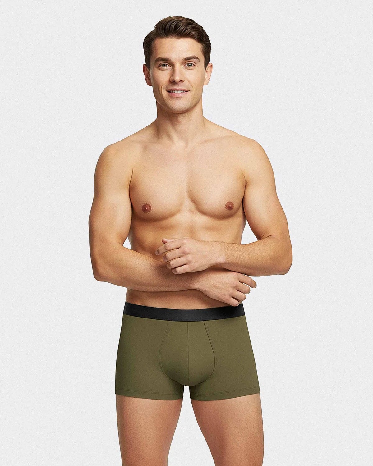 Maison Sarava men's olive green lyocell boxer briefs with black elastic waistband. Comfortable, breathable, and sustainable.