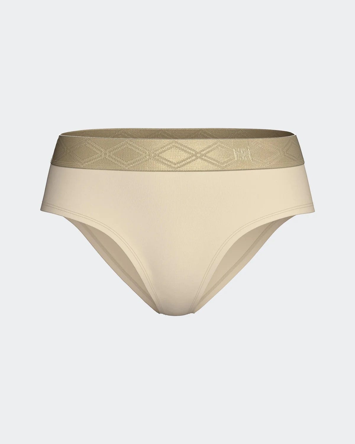 Maison Sarava women's beige briefs made from TENCEL™ Lyocell with a satin elasticated waistband featuring a diamond pattern.