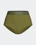 Maison Sarava women's high-waisted briefs in olive green Lyocell with a satin elastic waistband featuring a subtle diamond pattern.