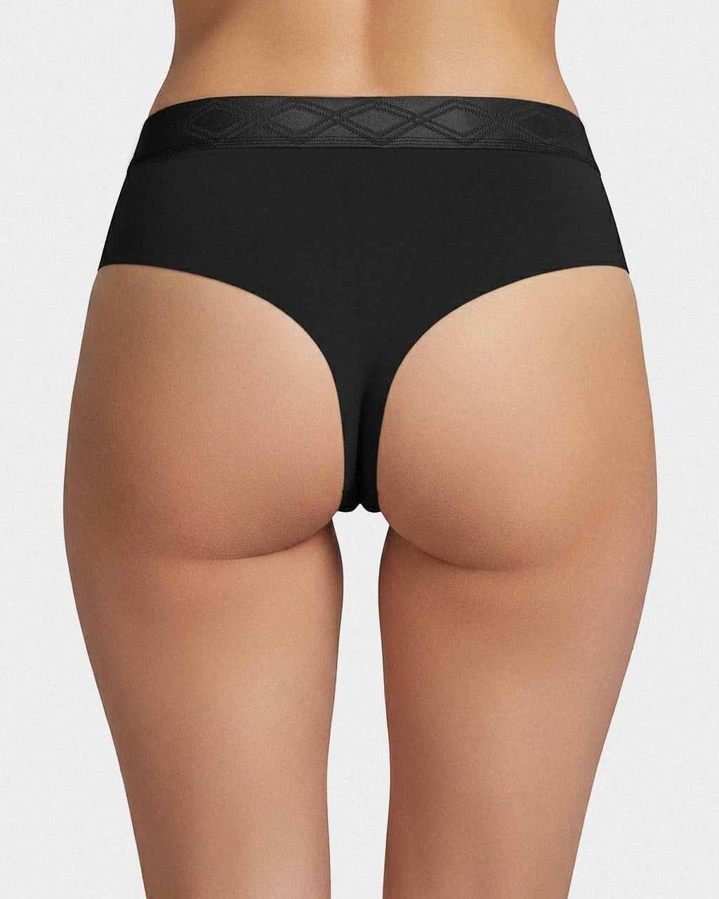 Maison Sarava black thong in Lyocell with satin elasticated waistband and diamond pattern detail.