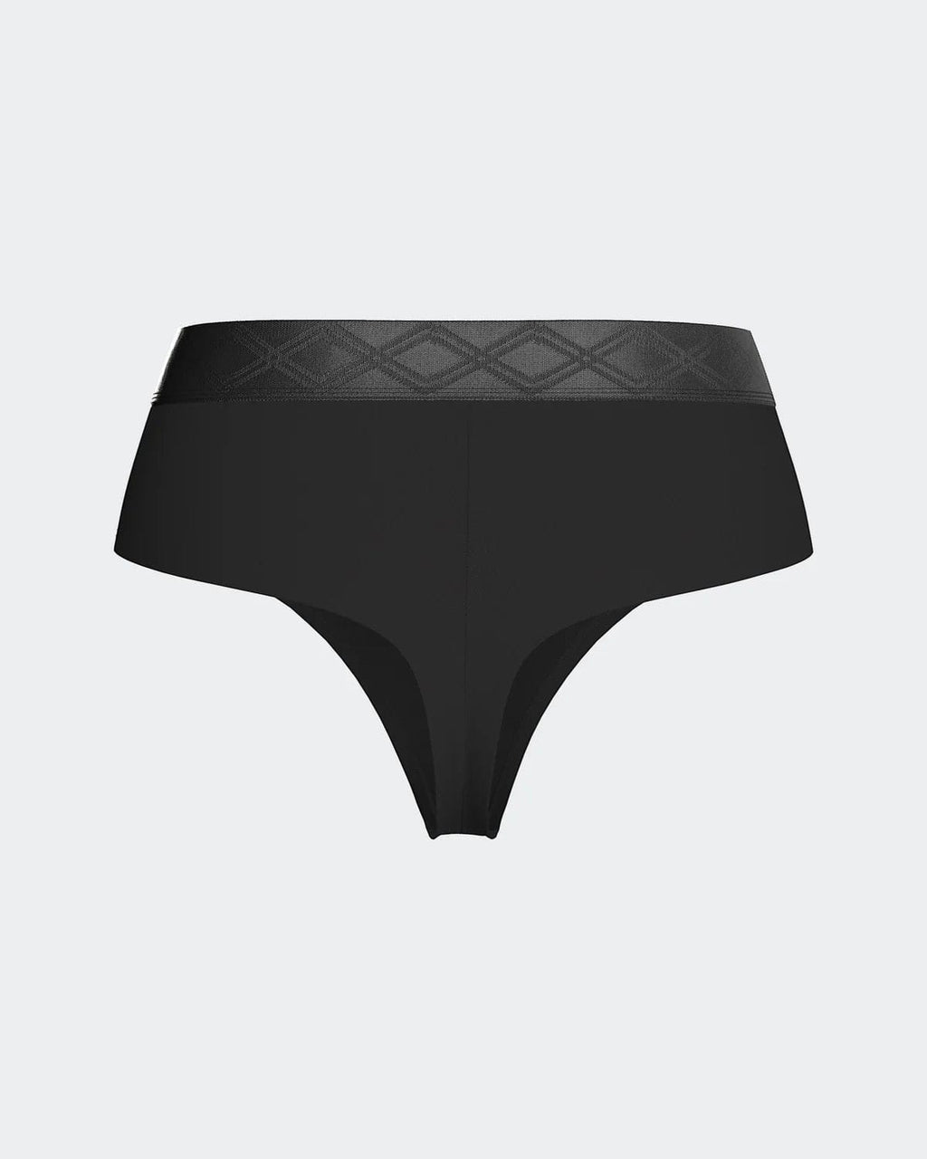 Maison Sarava black thong in Lyocell with a satin elasticated waistband featuring a subtle diamond pattern.