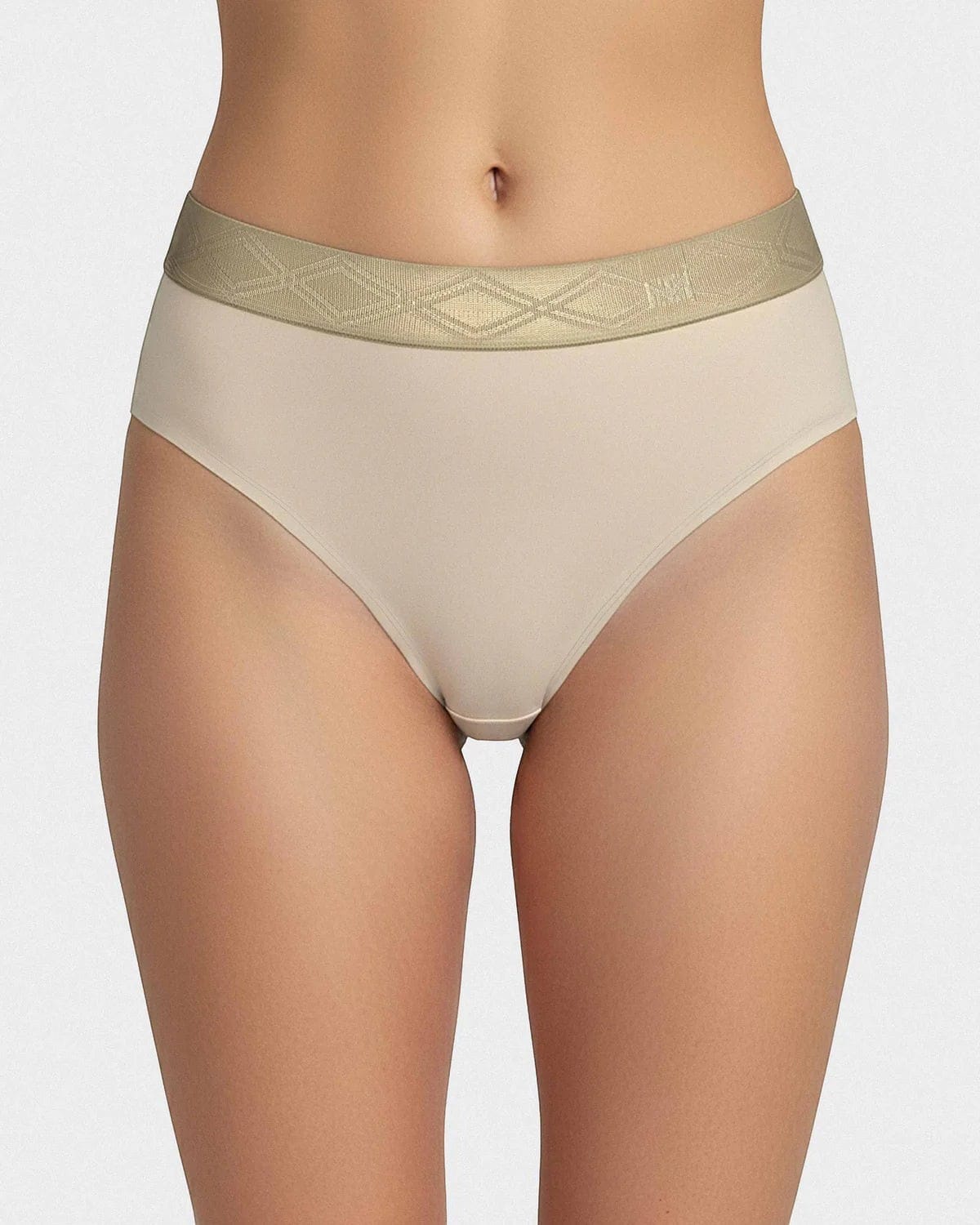 Maison Sarava women's beige thong in Lyocell with a gold satin elasticated waistband featuring a diamond pattern.