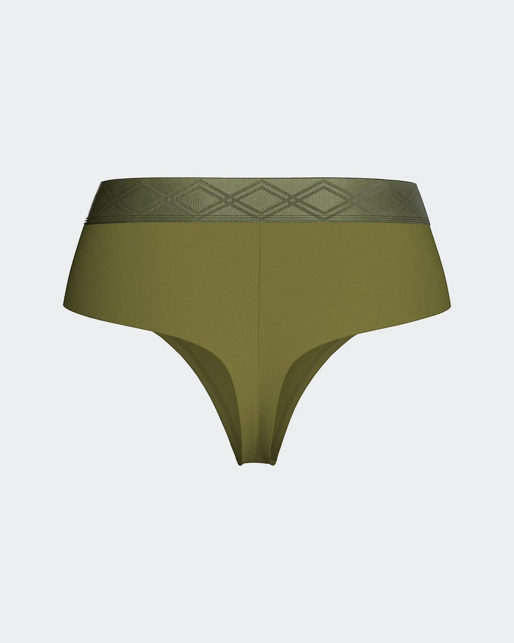 Maison Sarava women's olive green thong made from TENCEL™ Lyocell with a satin elasticated waistband featuring a diamond pattern.