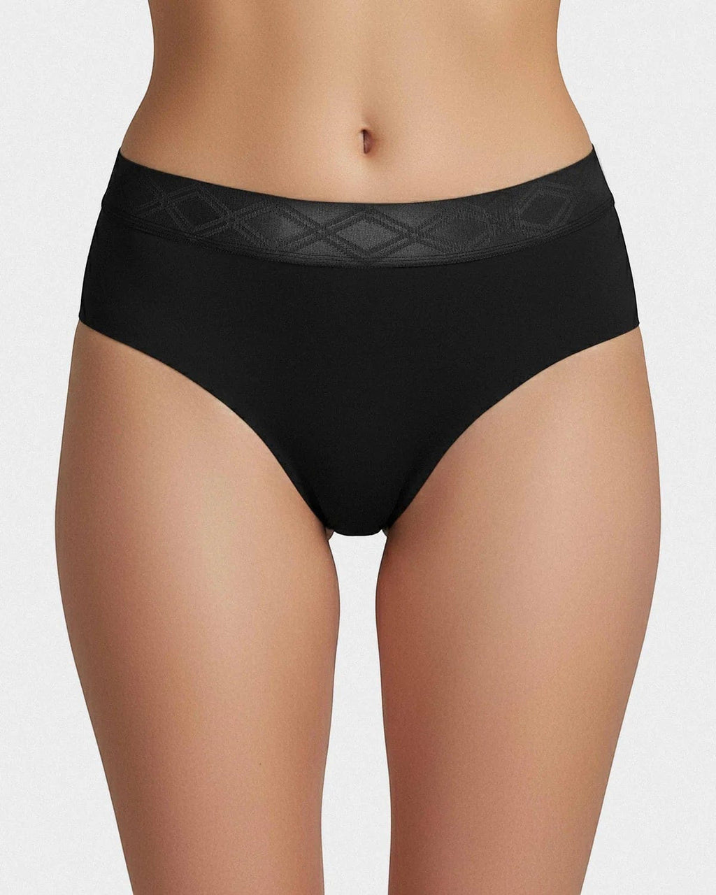 Maison Sarava black thong underwear made from soft, breathable Lyocell with a satin elasticated waistband featuring a diamond pattern.