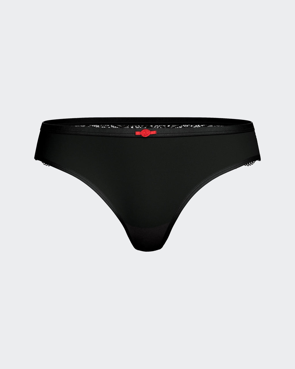 Maison Sarava black Lyocell thong with lace trim and red bow detail. Lightweight, breathable, moisture-wicking.