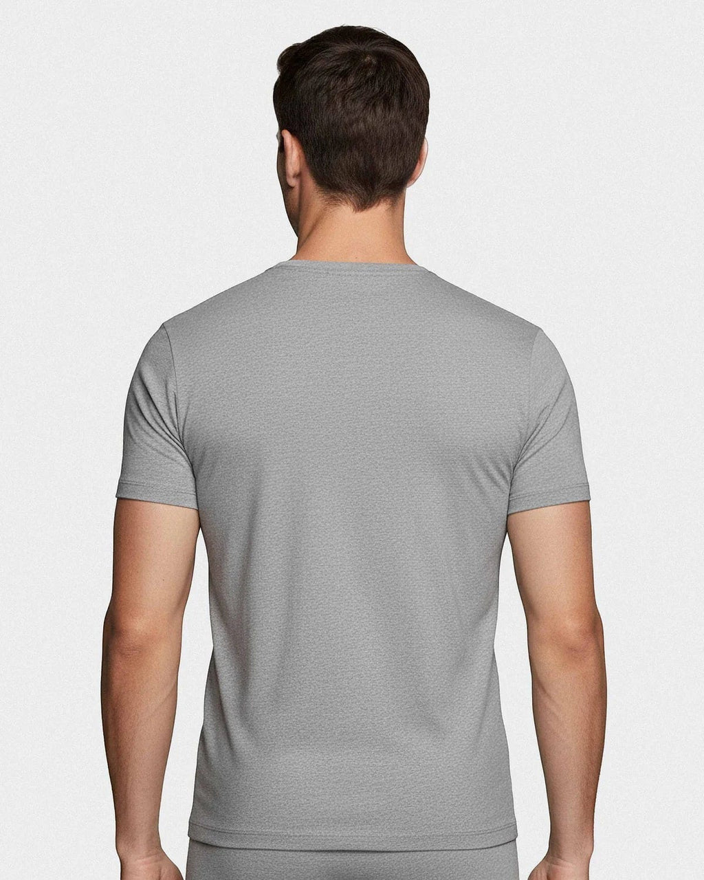 Maison Sarava grey heathered cotton crew neck t-shirt, back view. Short sleeves, classic fit.