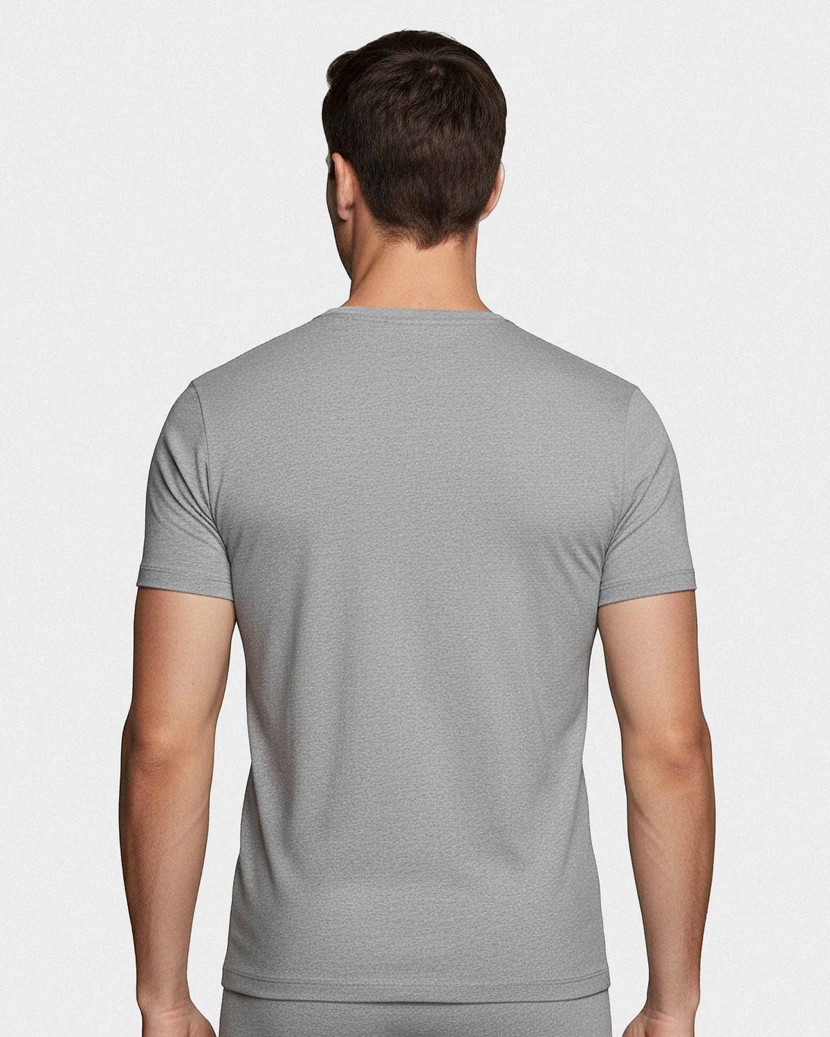 Maison Sarava grey heathered cotton crew neck t-shirt, back view. Short sleeves, classic fit.