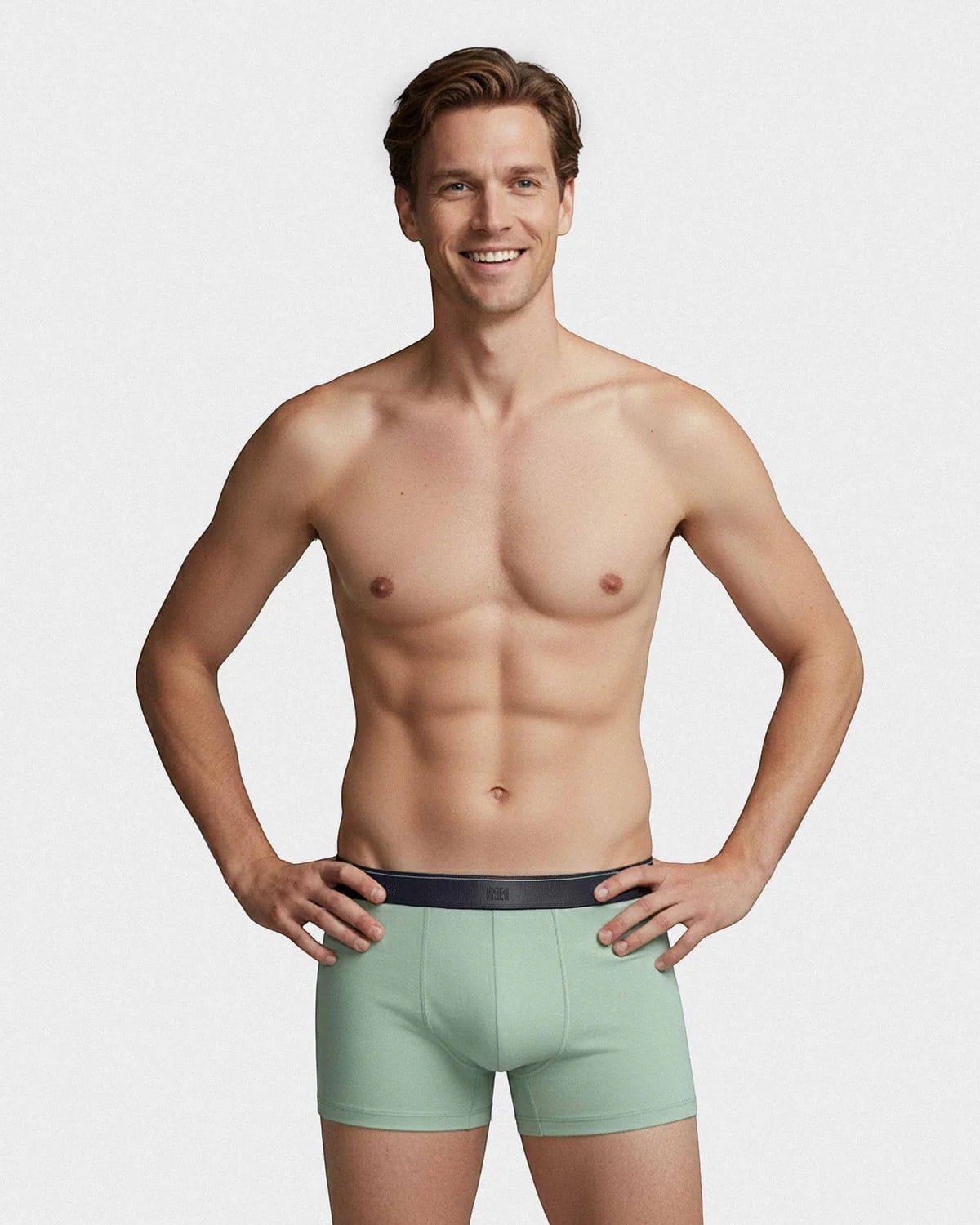 Maison Sarava men's light green cotton modal boxer briefs with navy elastic waistband.