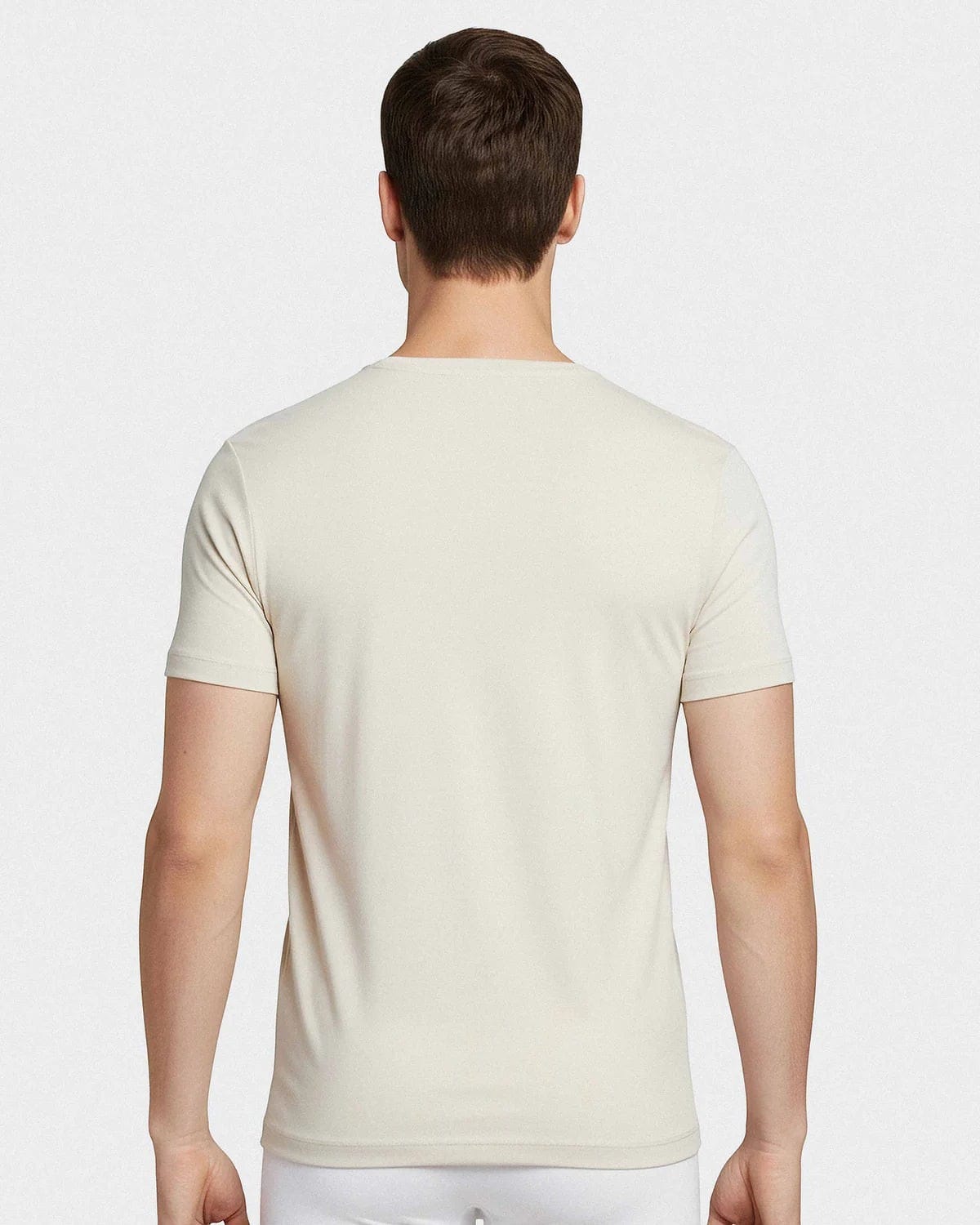 Maison Sarava men's short-sleeved round neck t-shirt in light beige, made from premium Merino wool and Lyocell.