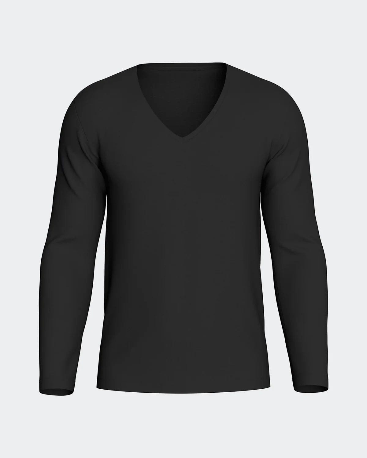 Maison Sarava men's black long-sleeved V-neck t-shirt made from premium Merino wool and Lyocell for thermal regulation and breathability.