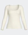 Maison Sarava women's cream long sleeve scoop neck tee made from a soft Merino wool and Lyocell blend.
