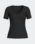 Maison Sarava black short sleeve V-neck t-shirt made from premium wool and Lyocell.
