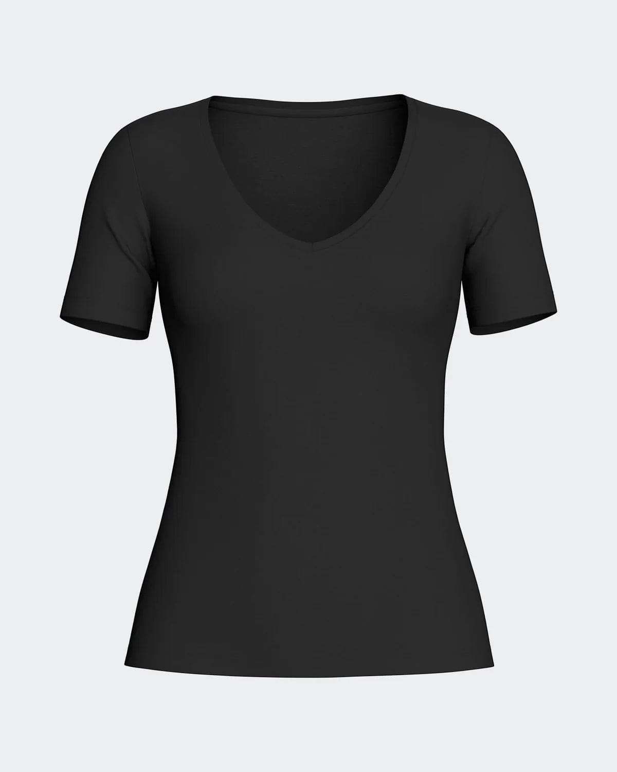 Maison Sarava black short sleeve V-neck t-shirt made from premium wool and Lyocell.