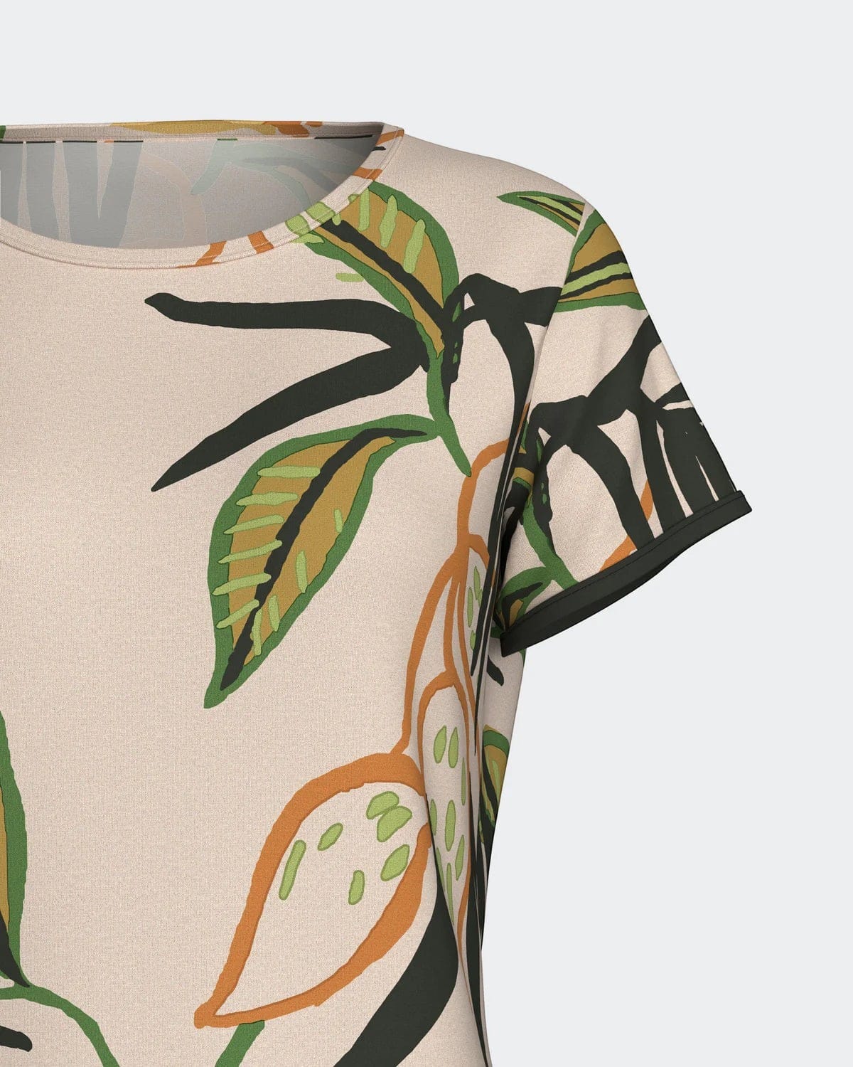 Maison Sarava women's short sleeve lounge top with a tropical leaf print in green, orange, and dark green on a cream lyocell fabric.