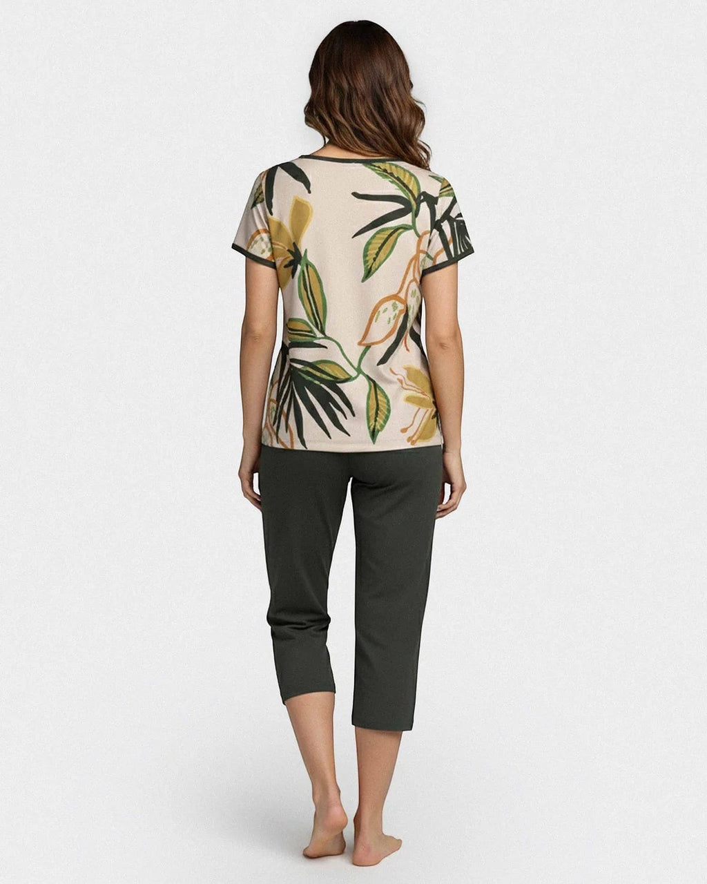Maison Sarava women's short sleeve lounge set with tropical print top and plain capri trousers in beige and dark green, made from Lyocell.
